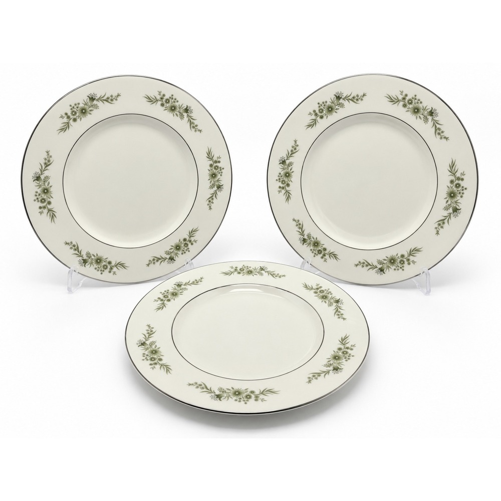 Wedgwood Westbury Salad Plates Set of 3 Bone China Green Floral Platinum Trim 8"